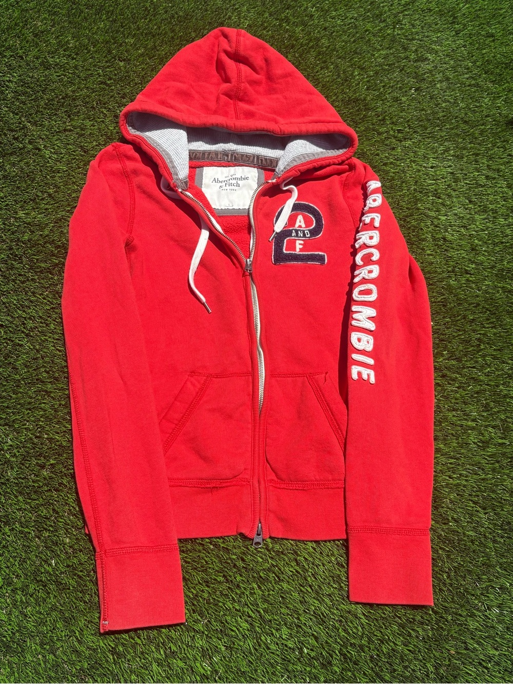 Abercrombie & Fitch Bright Red Fleece Zip Hoodie with Gray Trim